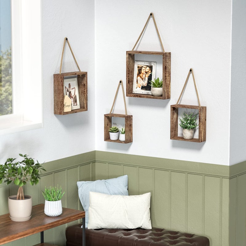 J JACKCUBE DESIGN Floating Hanging Square Shelves Wall Mounted Rustic Wood Cube Display Shelf Shadow Boxes Decorative Boho Home DÃ©cor for Living Room, Bedroom, Office, Set of 4 (Brown) - MK571B - Image 3